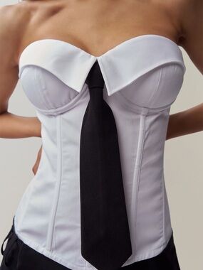 Danielle Guizio White Strapless Corset Top with Black Tie Accent